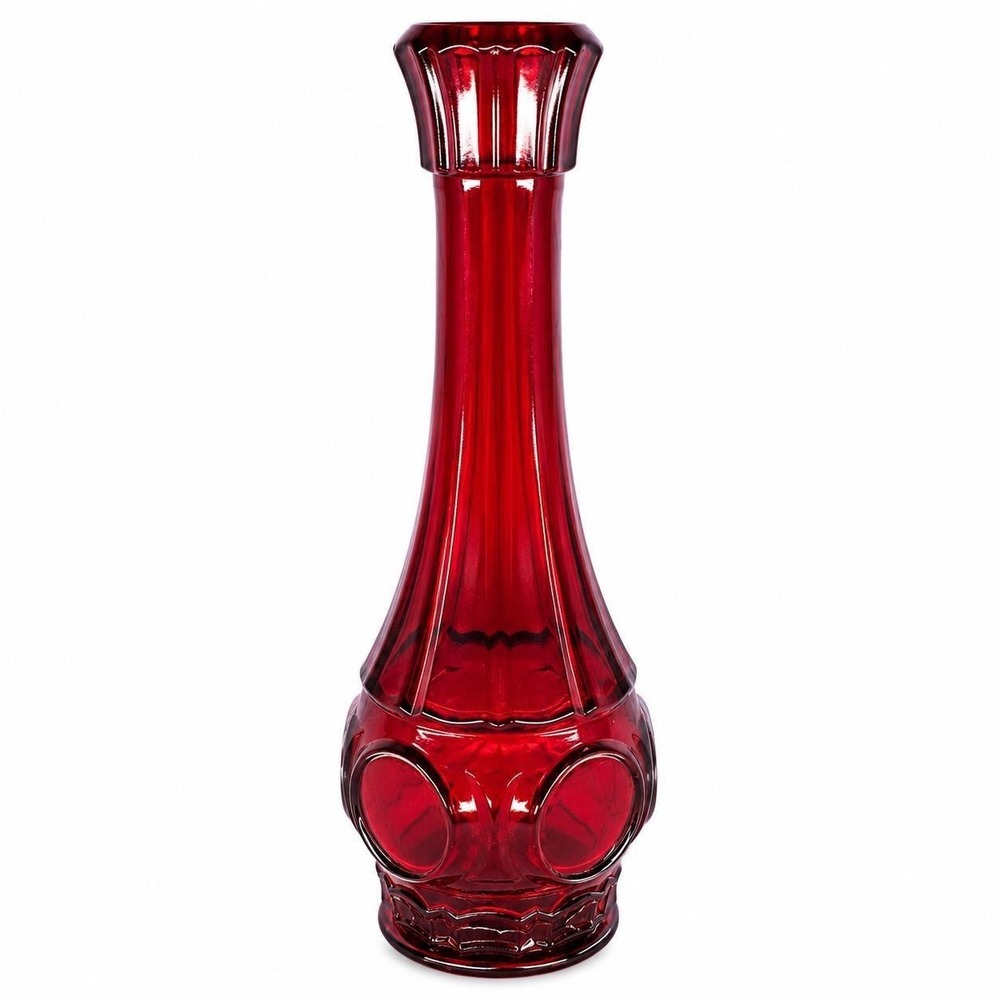Vintage Wheaton Ruby Red Glass Bud‎ Vase Bullseye Coin Dot MCM 9" Retro